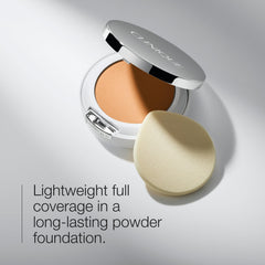 Clinique powder being applied for touch-up demonstrating quick coverage benefit