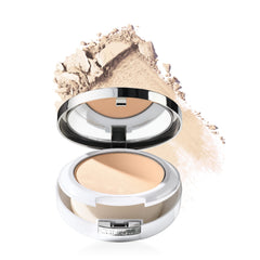 Clinique compact front view showing sleek packaging and brand for easy carrying