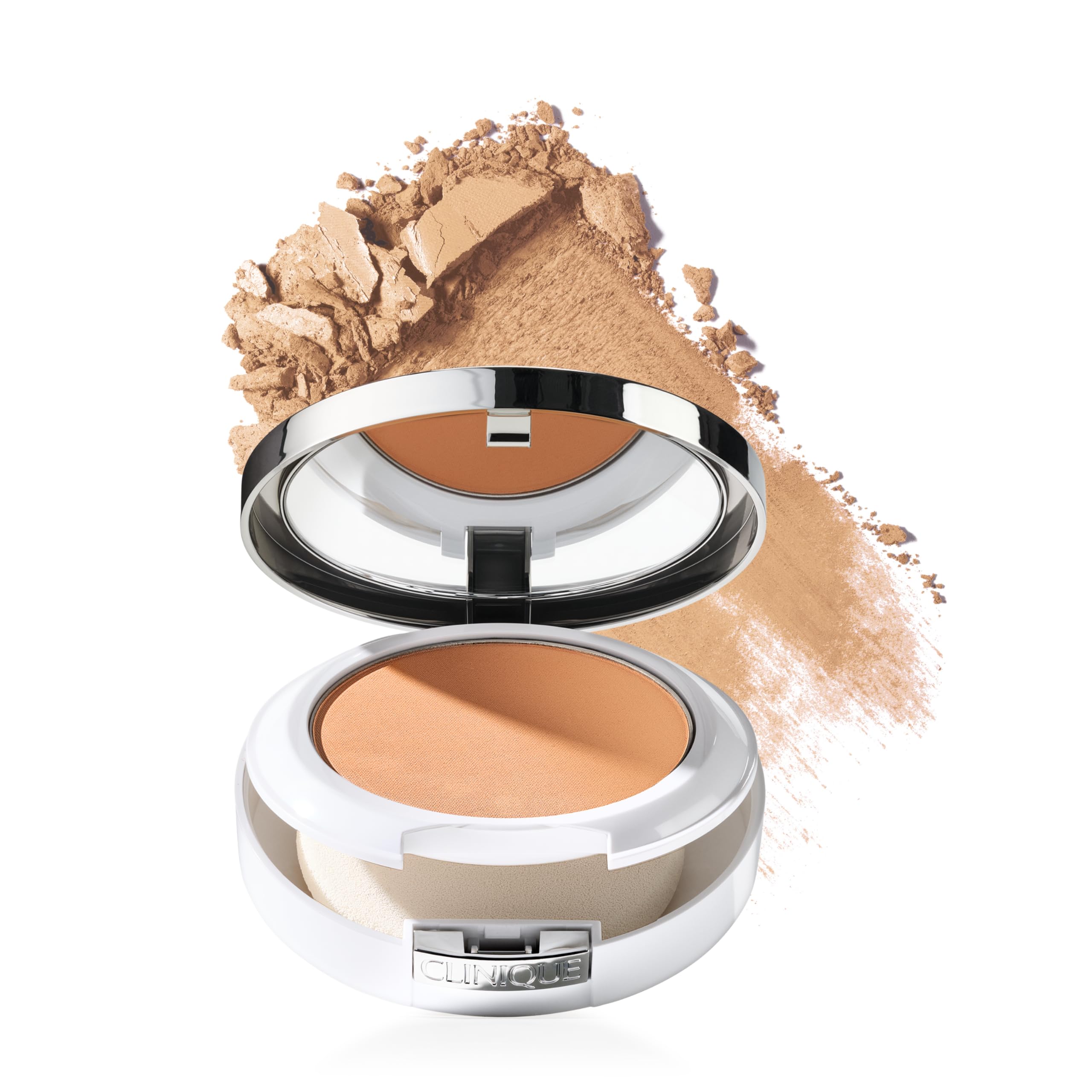 Clinique compact front view showing logo and sleek packaging benefit: travel-ready