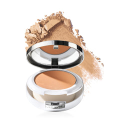 Clinique compact front view showing logo and sleek packaging benefit: travel-ready