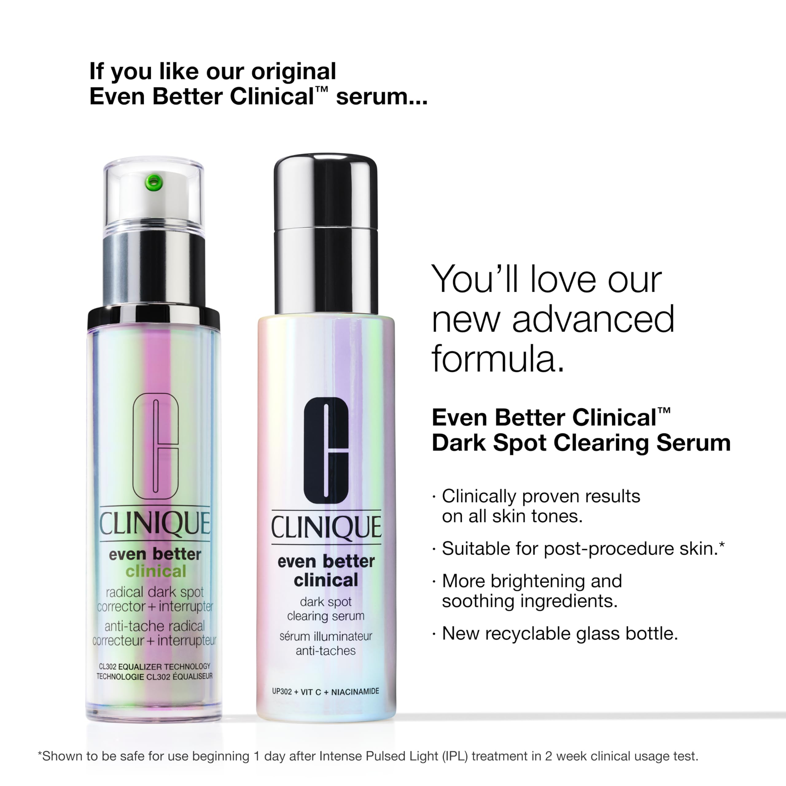 Clinique bottle next to measuring scale showing one-fl-oz size and travel convenience benefit