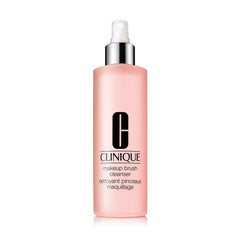 Clinique brush cleanser front packaging shows bottle and benefits for cleaner bristles