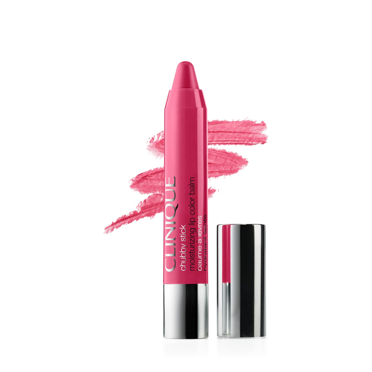 Clinique Chubby Stick front view showing sleek tube and Bursting Blossom shade for easy application