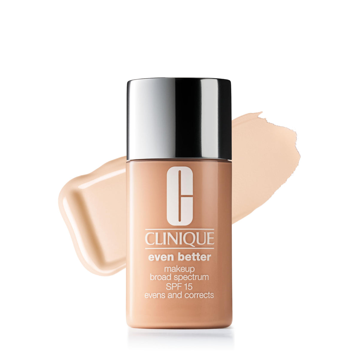 Clinique bottle front packaging showing shade and label, brand evens tone
