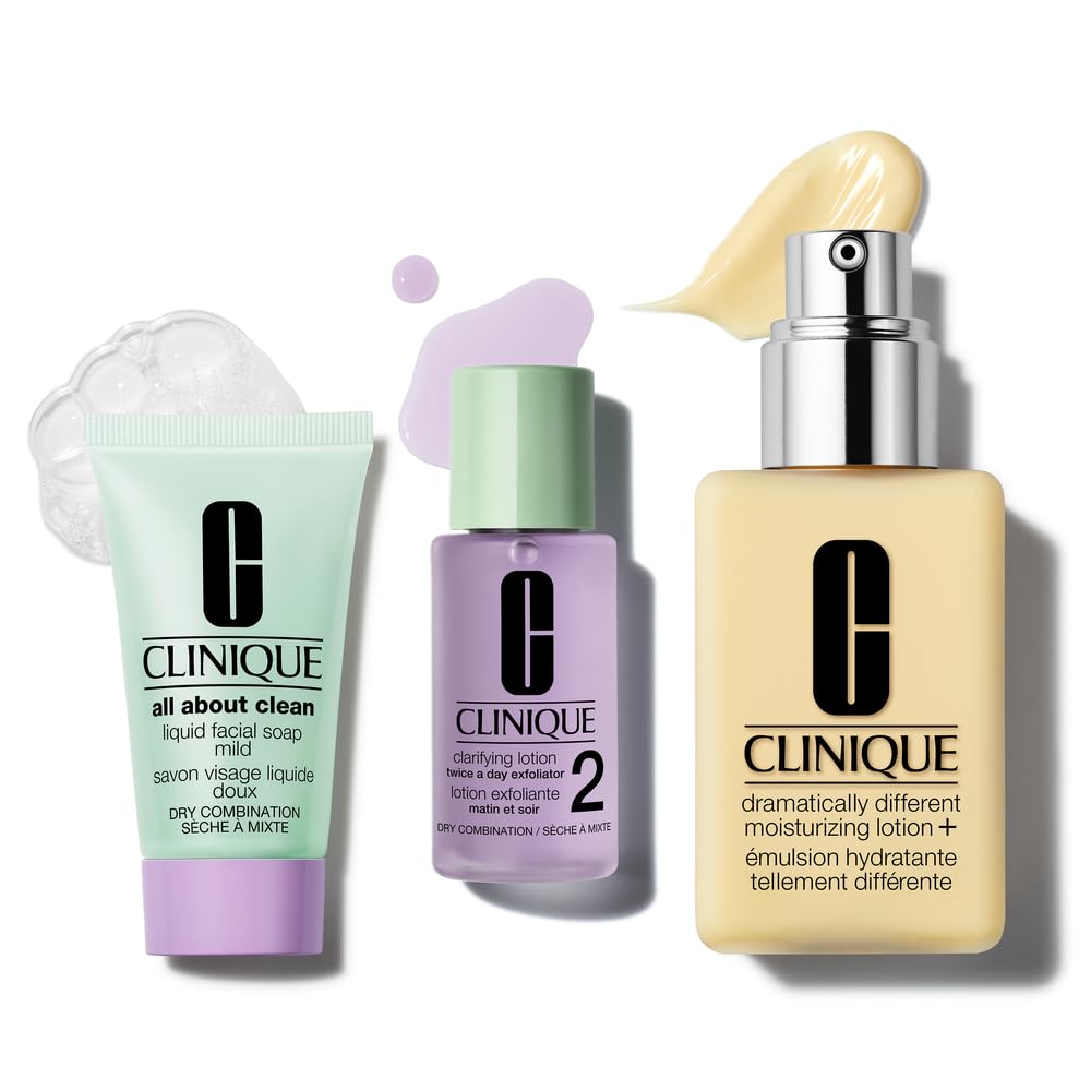 Clinique front packaging gift set showing three items and brand appeal