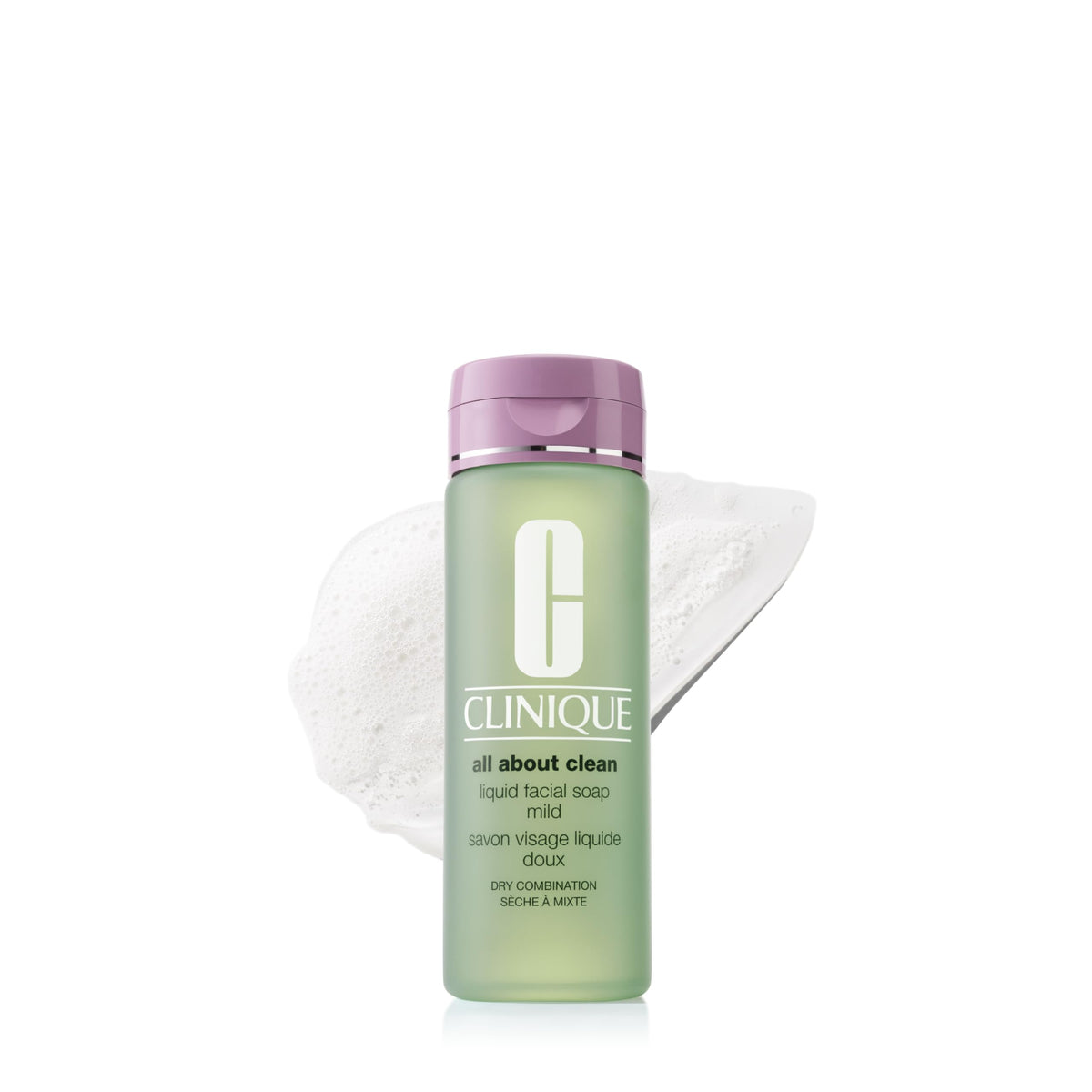 Clinique bottle front view showing Mild cleanser, clear label and volume benefit