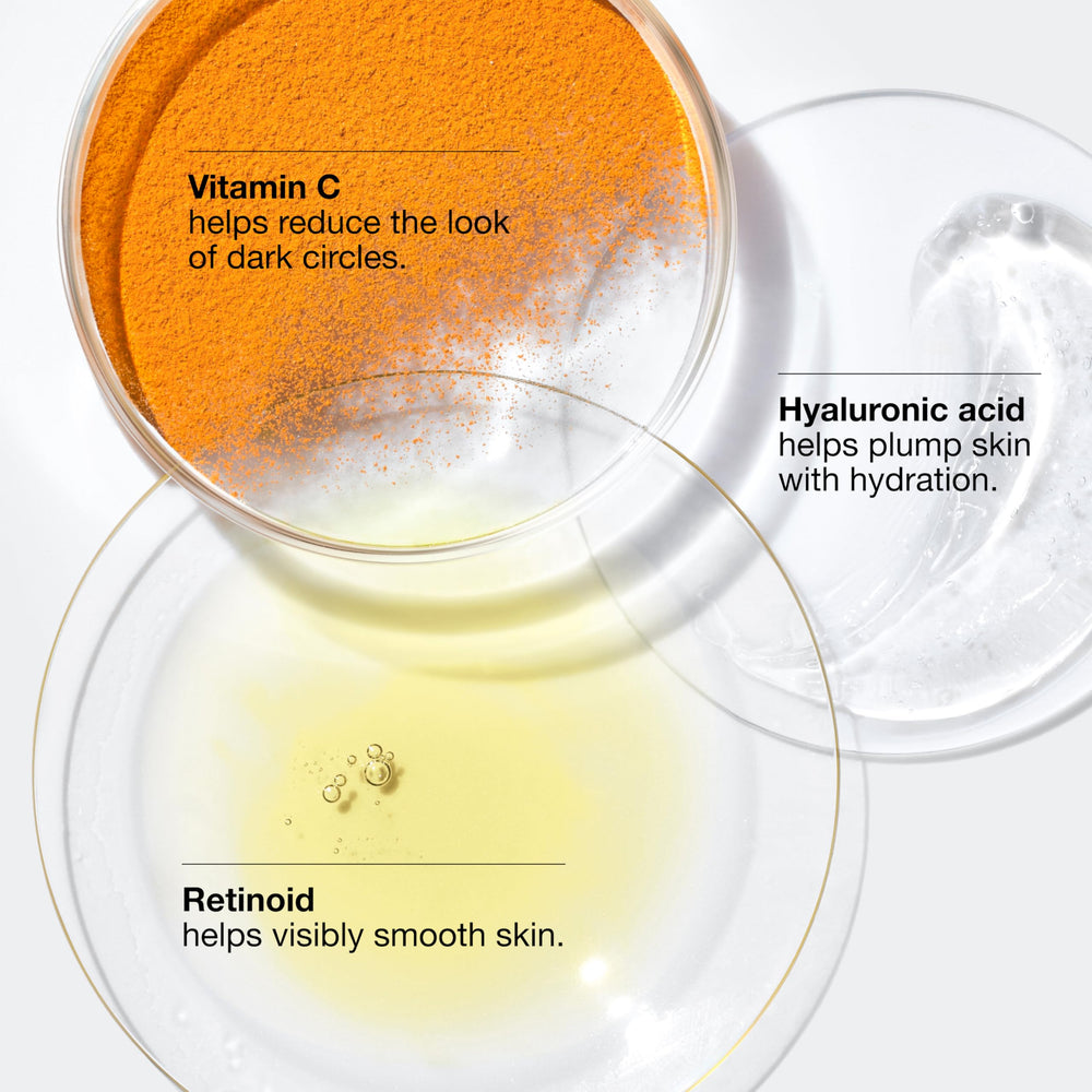 Clinique ingredients display with vitamin C and hyaluronic acid, brightens and hydrates