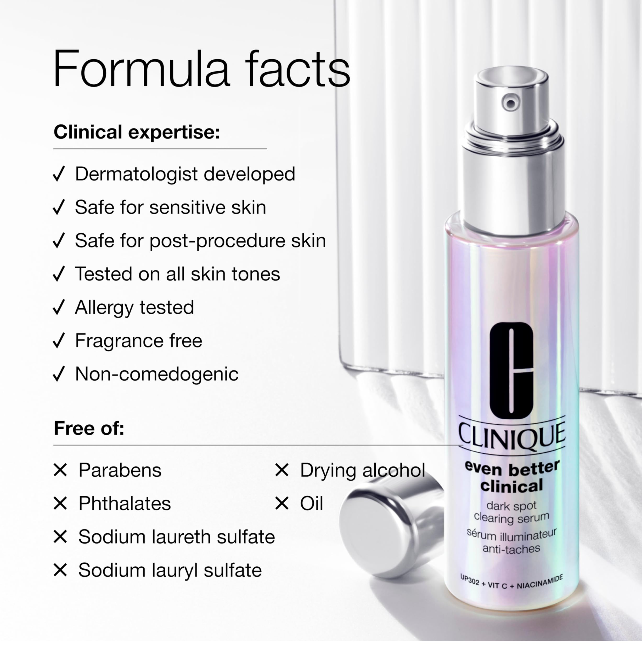 Clinique serum placed beside moisturizer and SPF illustrating layering-friendly benefit