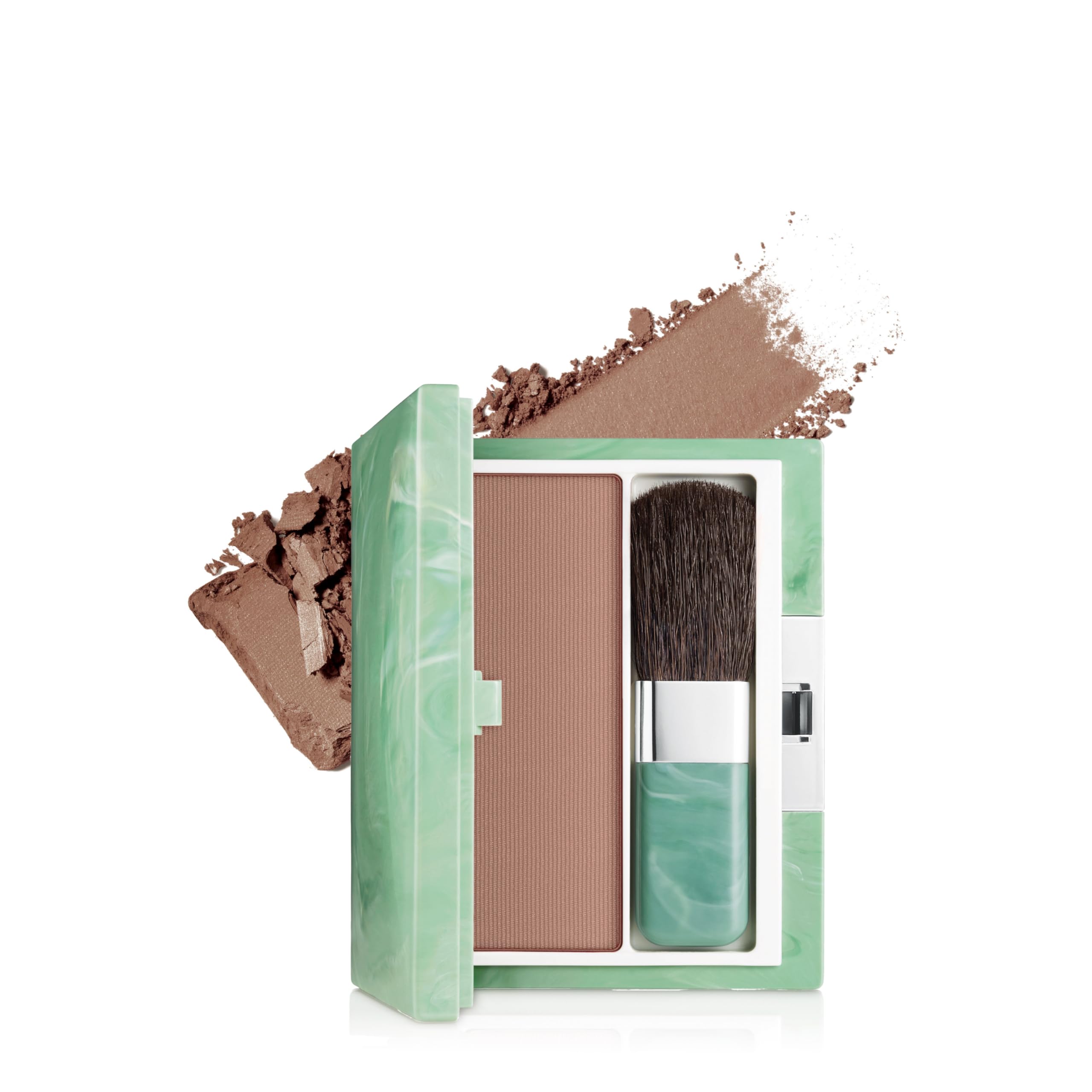 Clinique compact front view showing Totally Tawny and included brush for quick application