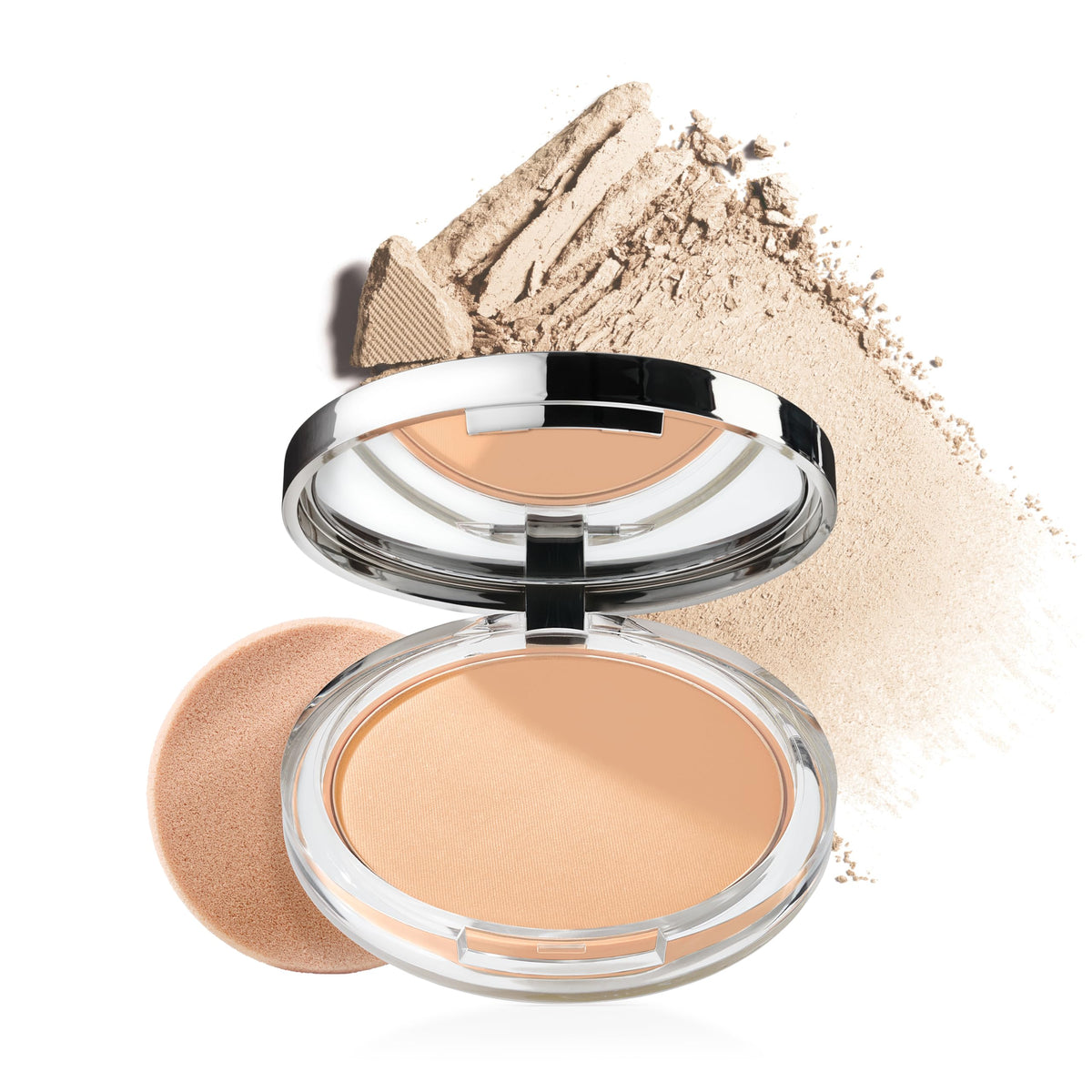 Clinique compact front view showing sleek packaging and travel-ready benefit