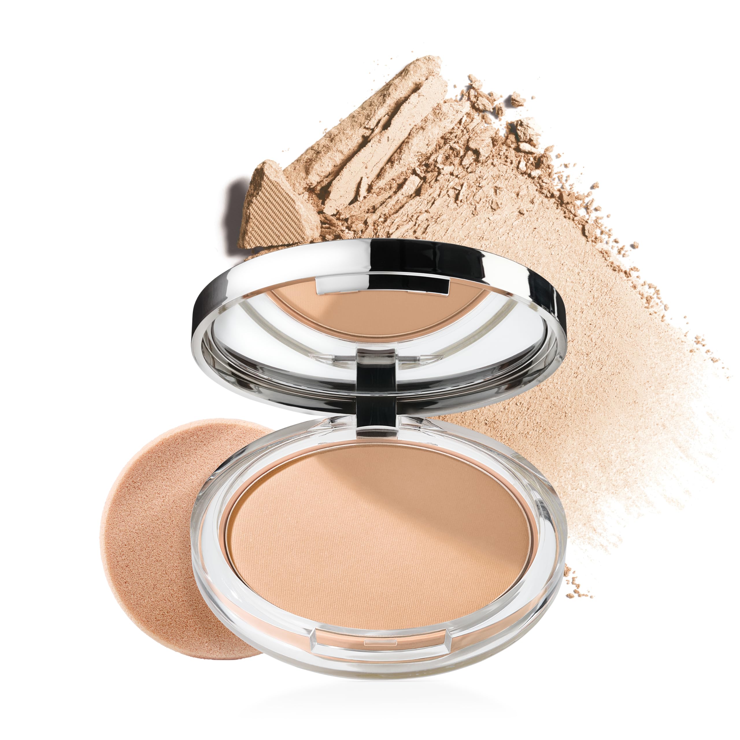 Clinique compact front view showing logo and slim design for portability