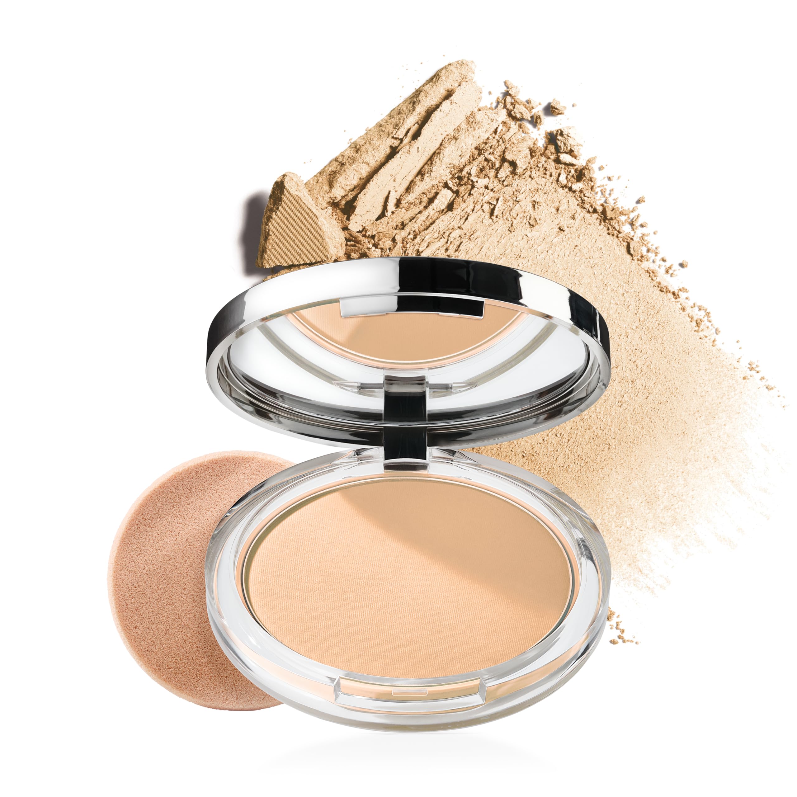 Clinique compact front view showing clean matte packaging and portability benefit