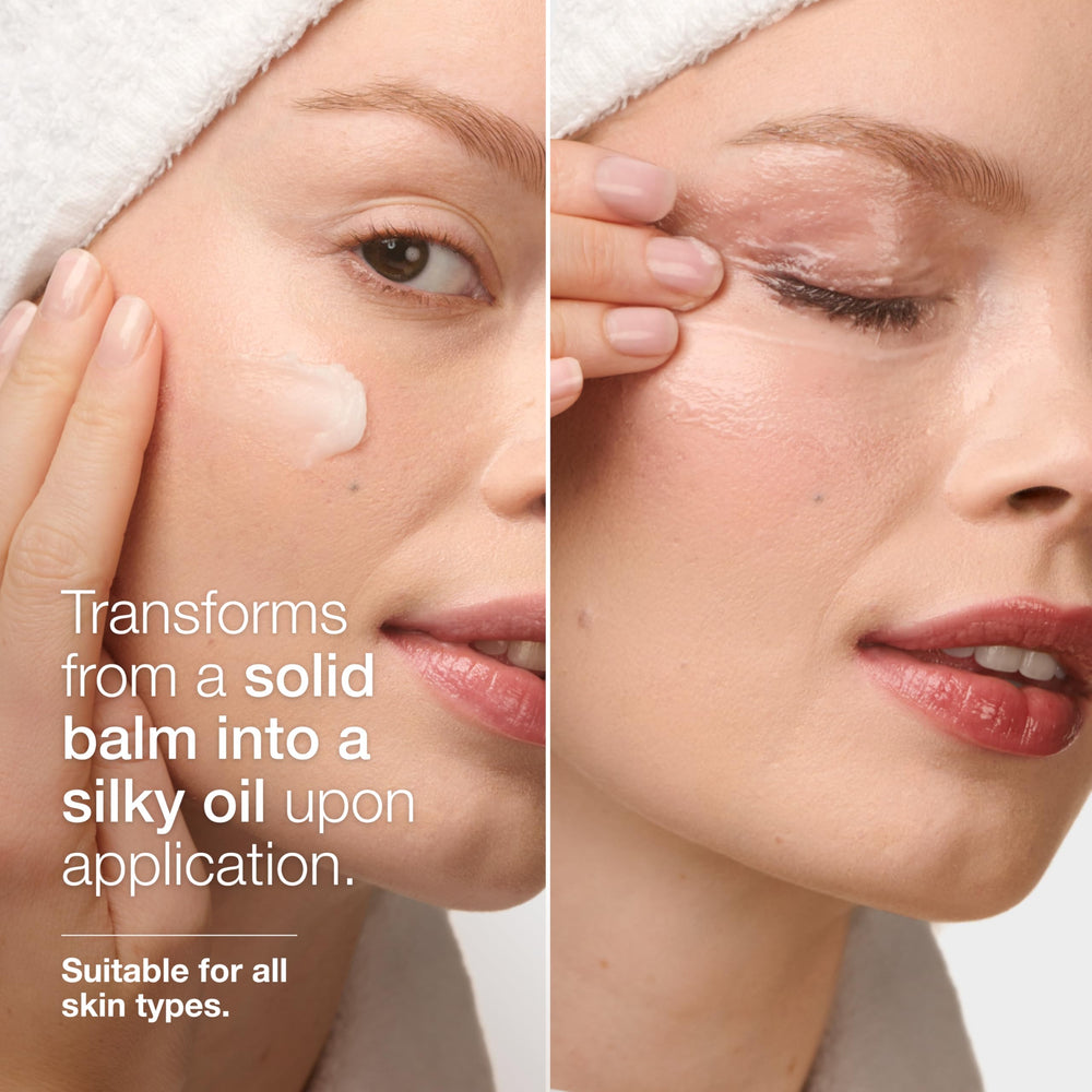 Clinique balm dispensed on palm showcasing lightweight emollient glide for gentle removal