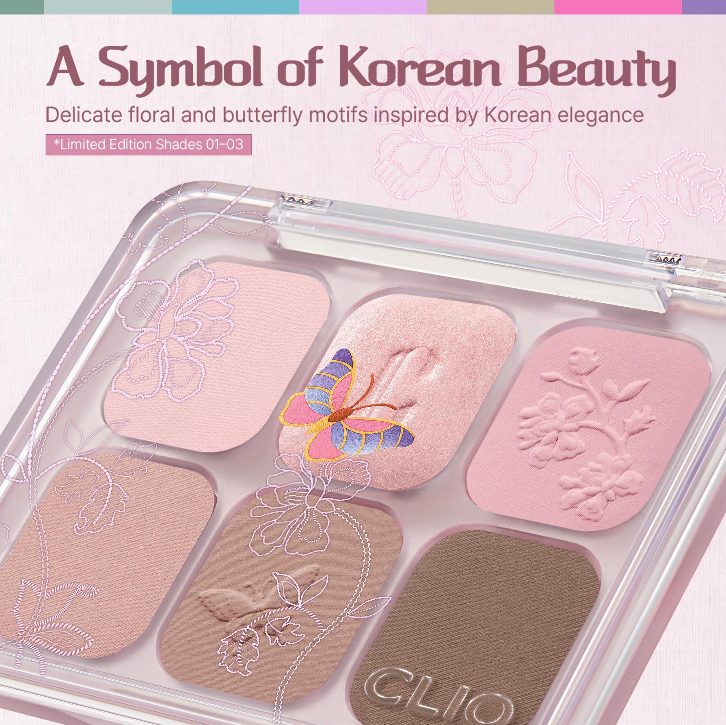 CLIO PROFESSIONAL swatches of all six Blossom Stitch shades demonstrating blendable payoff