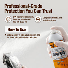 CLIPPERCIDE being sprayed on clipper blades for quick cleaning