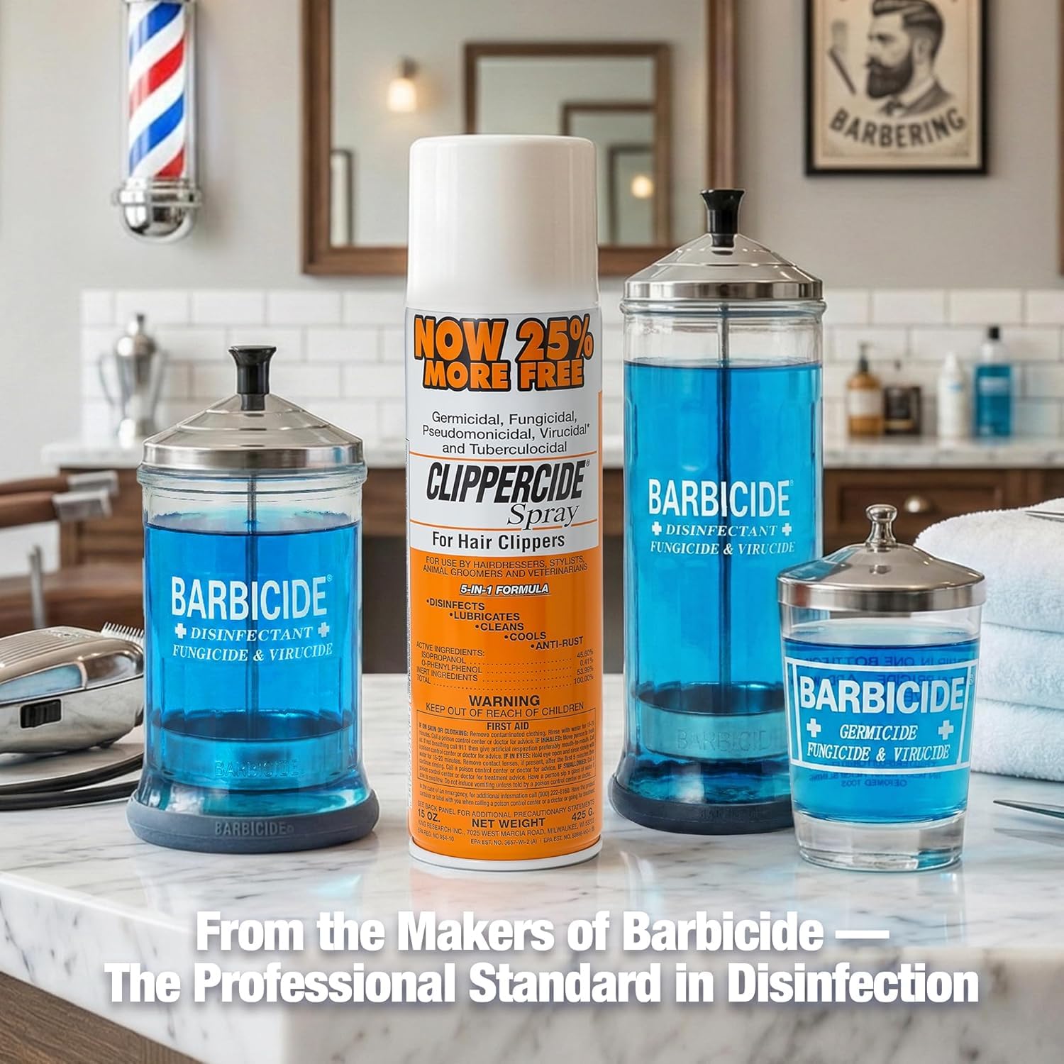 CLIPPERCIDE in use in a barbershop promoting fast cleanup and tool longevity