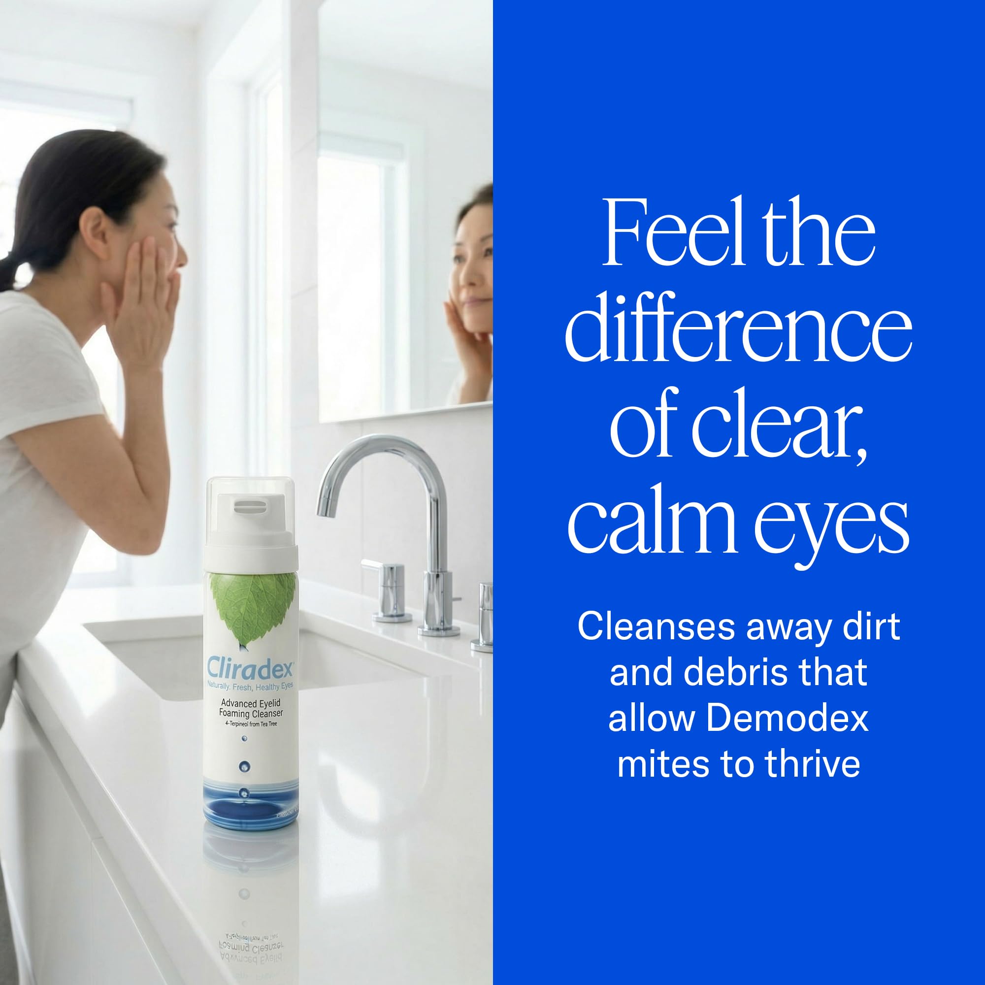 Cliradex foamy texture on fingertip illustrating gentle, spreadable foam for eyelids