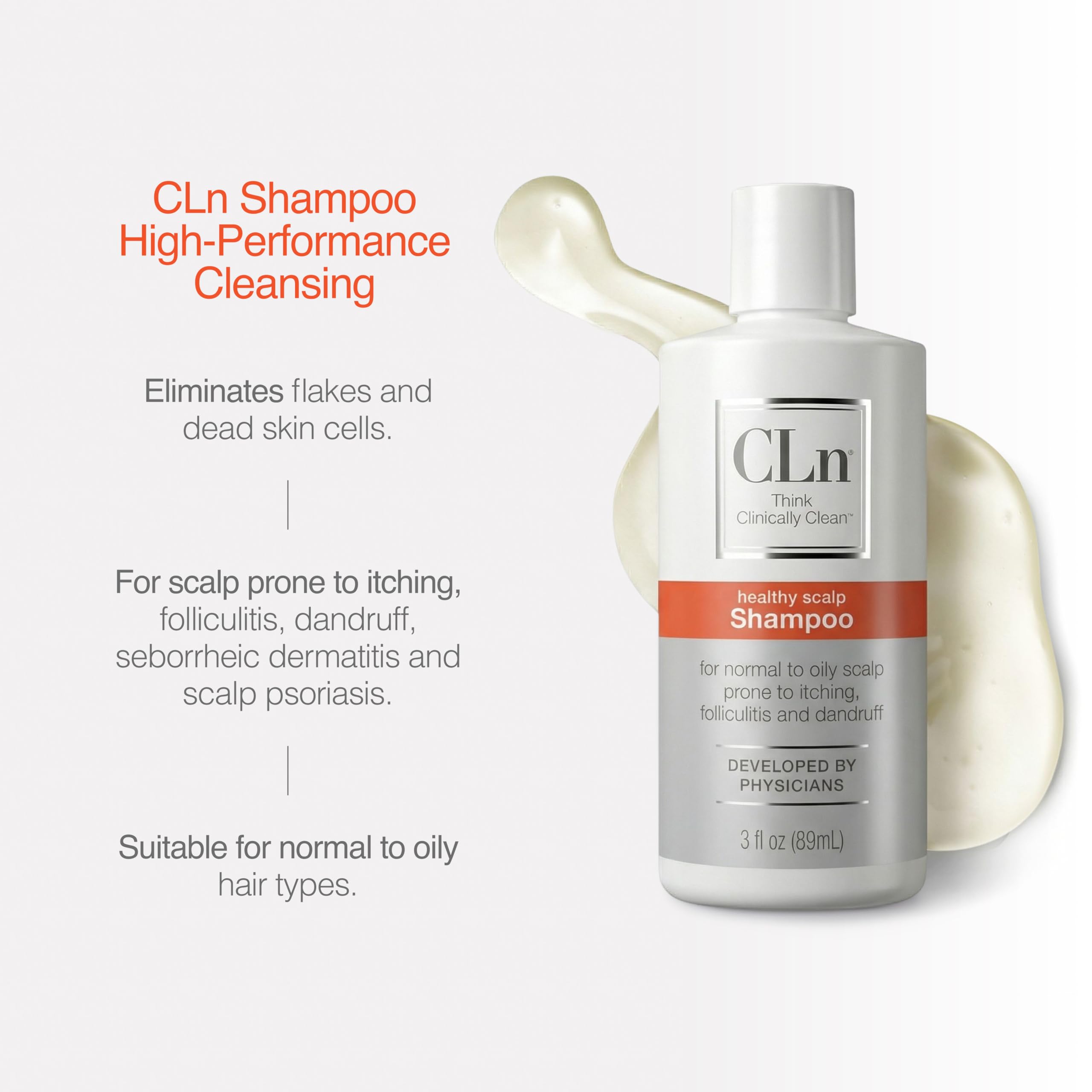 CLn shampoo lather texture on palm, gentle exfoliation benefit