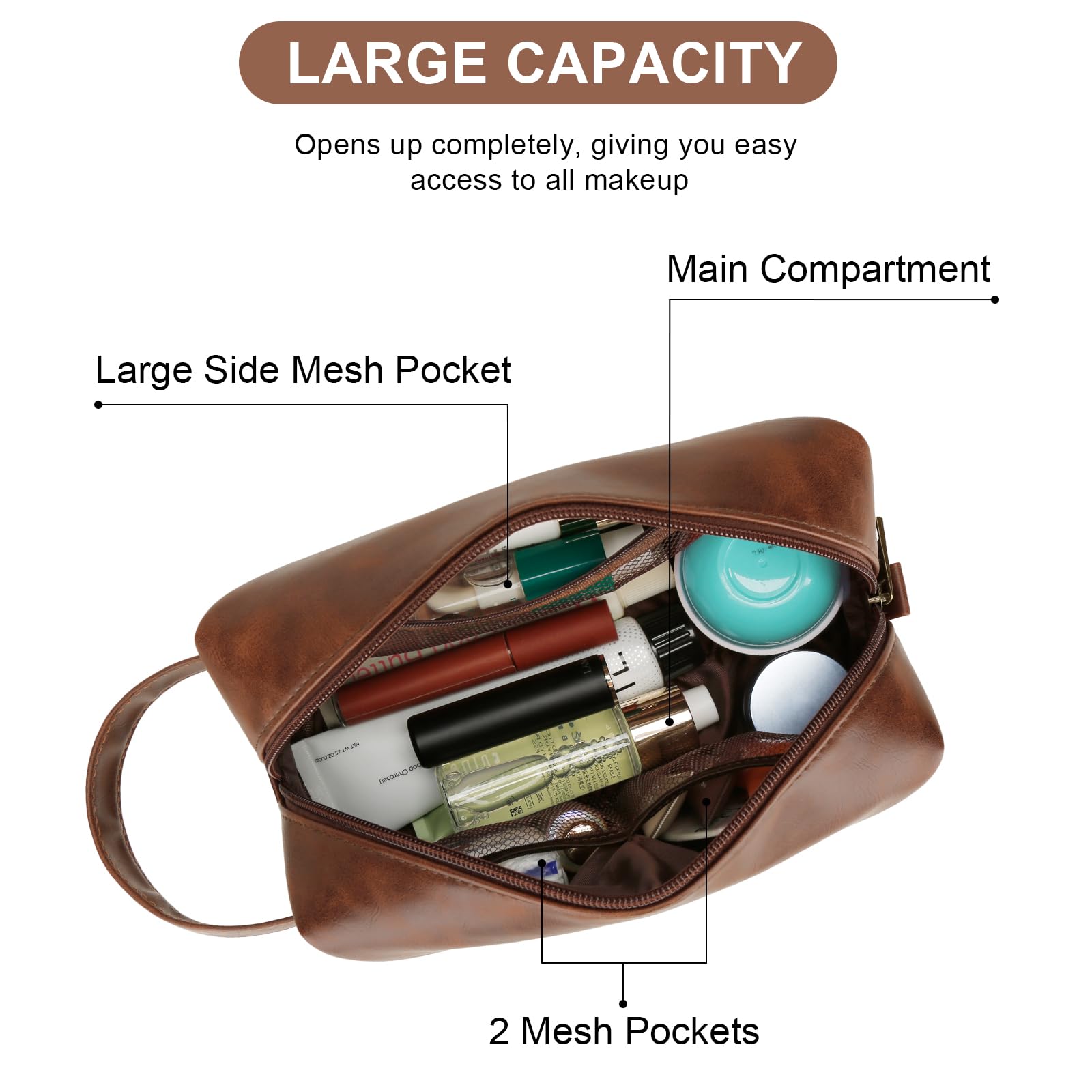 CLOUDWINGS toiletry bag beside travel items illustrating size and packing convenience benefit