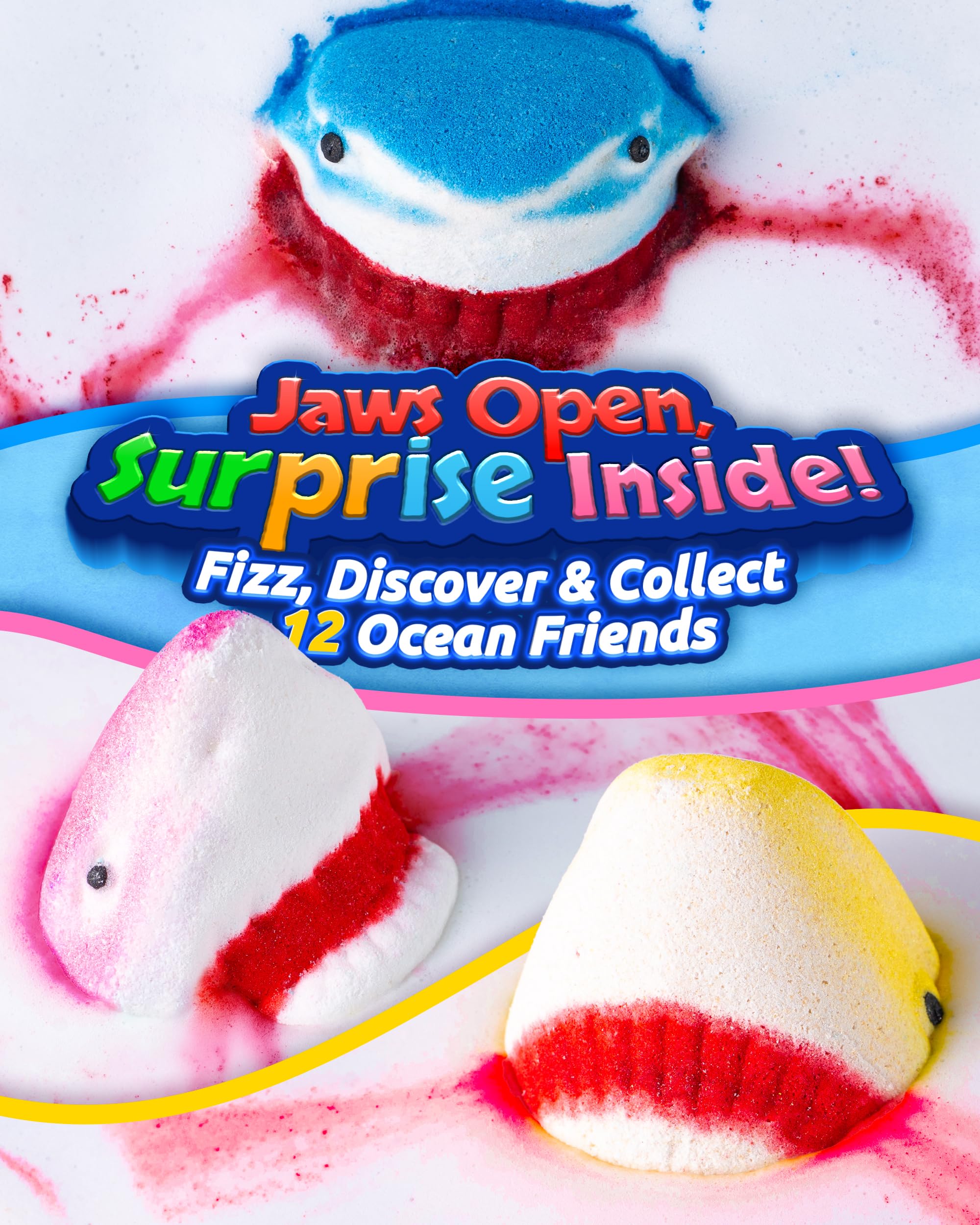 CLOUQUAR fizzing shark bath bomb creating red bubbles and engaging sensory play