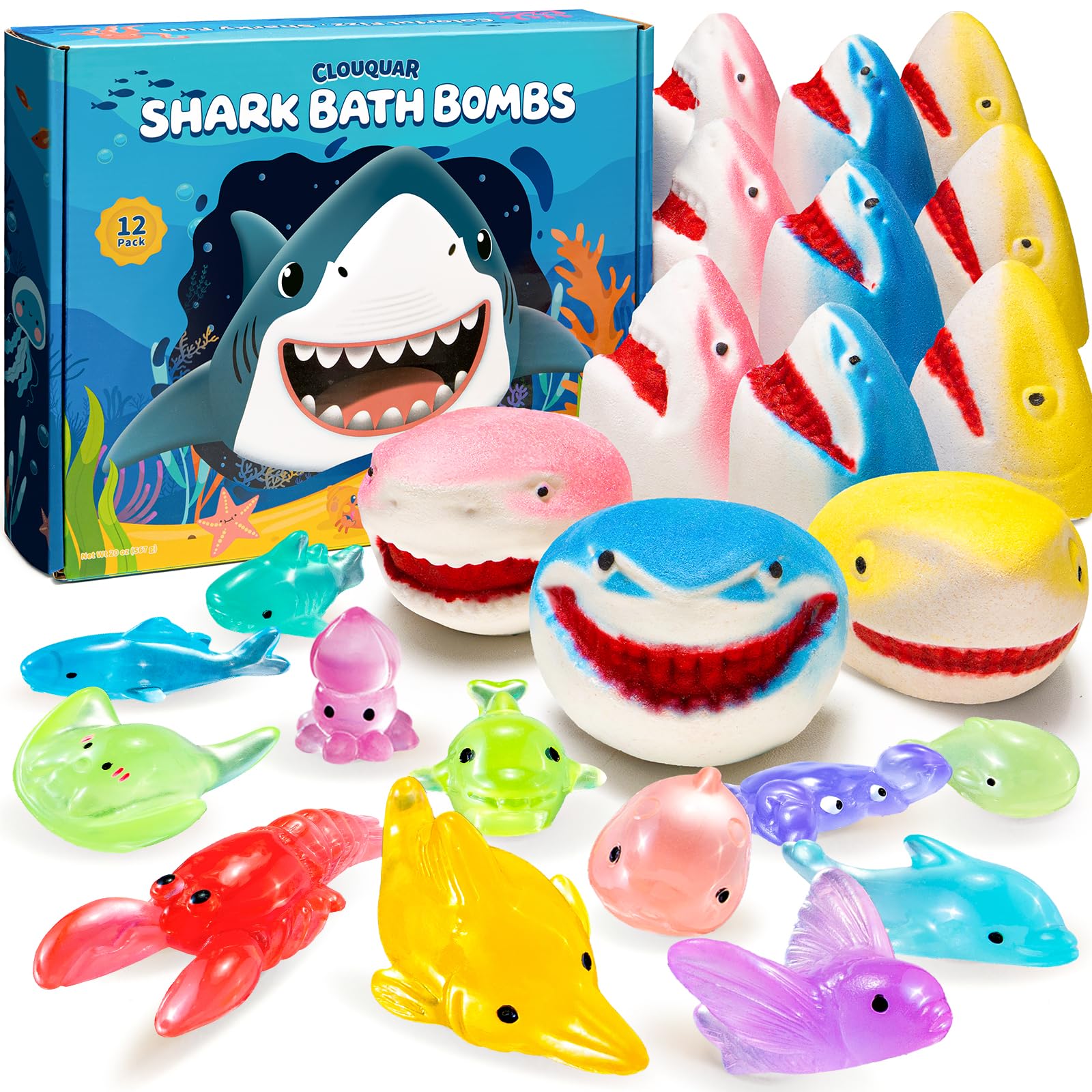 CLOUQUAR front view of 12 shark bath bombs showing colors and packaging benefit visual choice