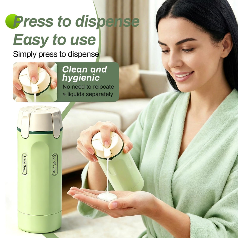 CLRDZN open dispenser with shampoo and conditioner demonstrating refill clarity