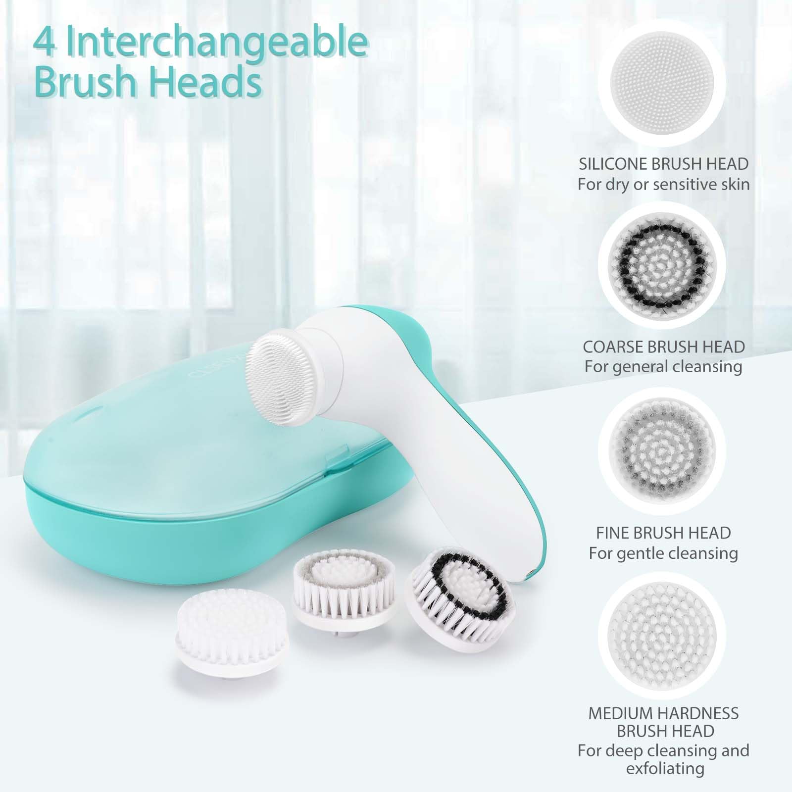 CLSEVXY arranged brush heads highlighting four interchangeable options for tailored cleansing