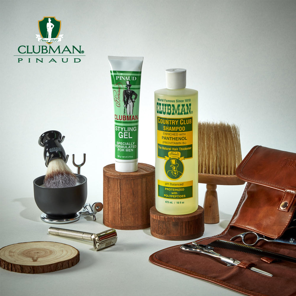 Clubman shampoo on bathroom shelf in routine setup offering barbershop feel