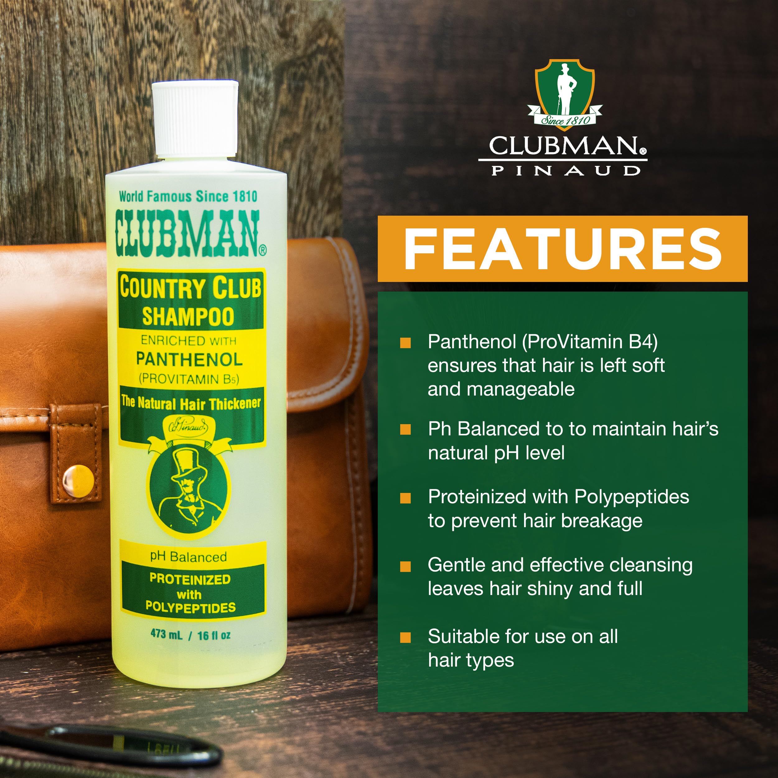 Texture close-up of Clubman shampoo showing creamy panthenol-rich consistency