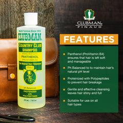 Texture close-up of Clubman shampoo showing creamy panthenol-rich consistency