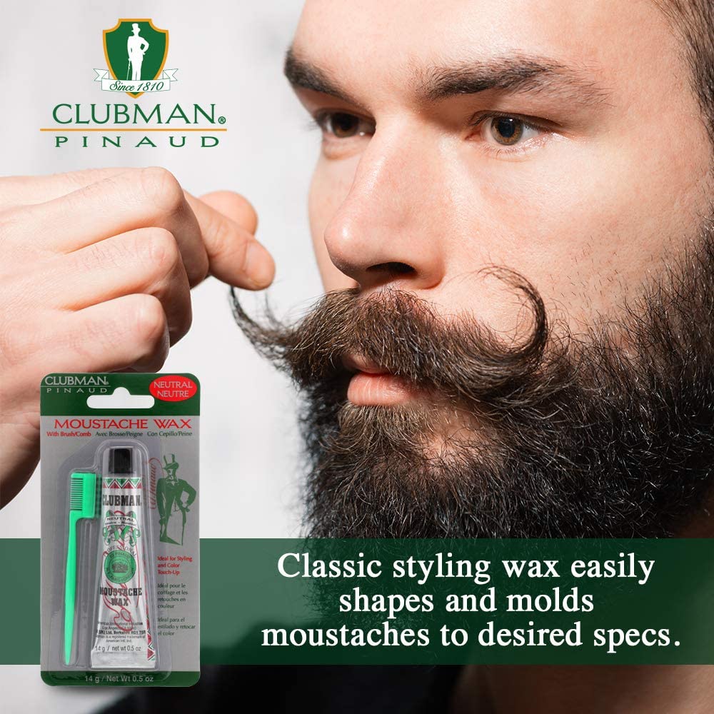 Clubman moustache wax inside a travel dopp kit showing portability and on-the-go use