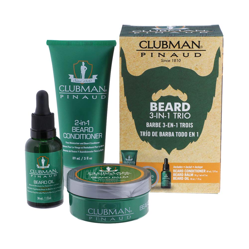 Clubman Pinaud front packaging showing full 3-in-1 kit and grooming convenience