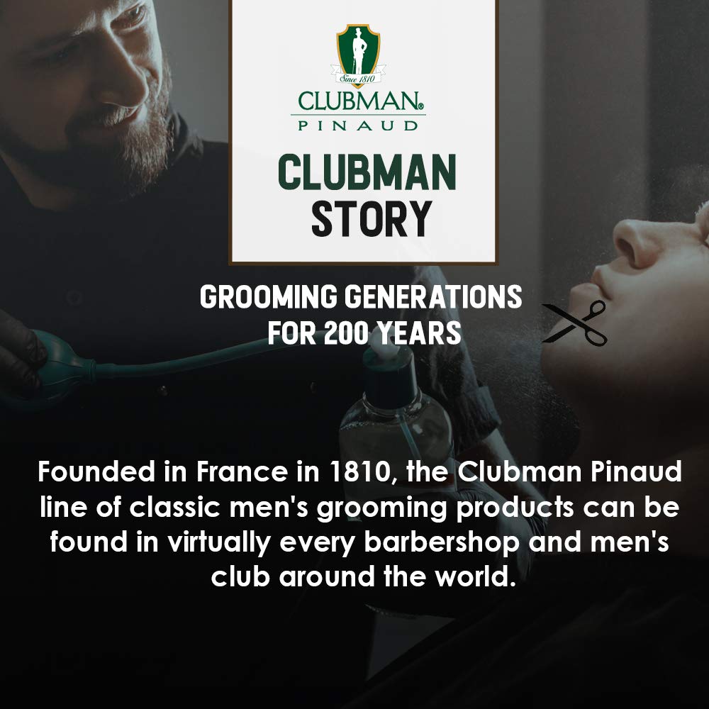 Clubman Pinaud label detail showing brand heritage and ingredient benefits