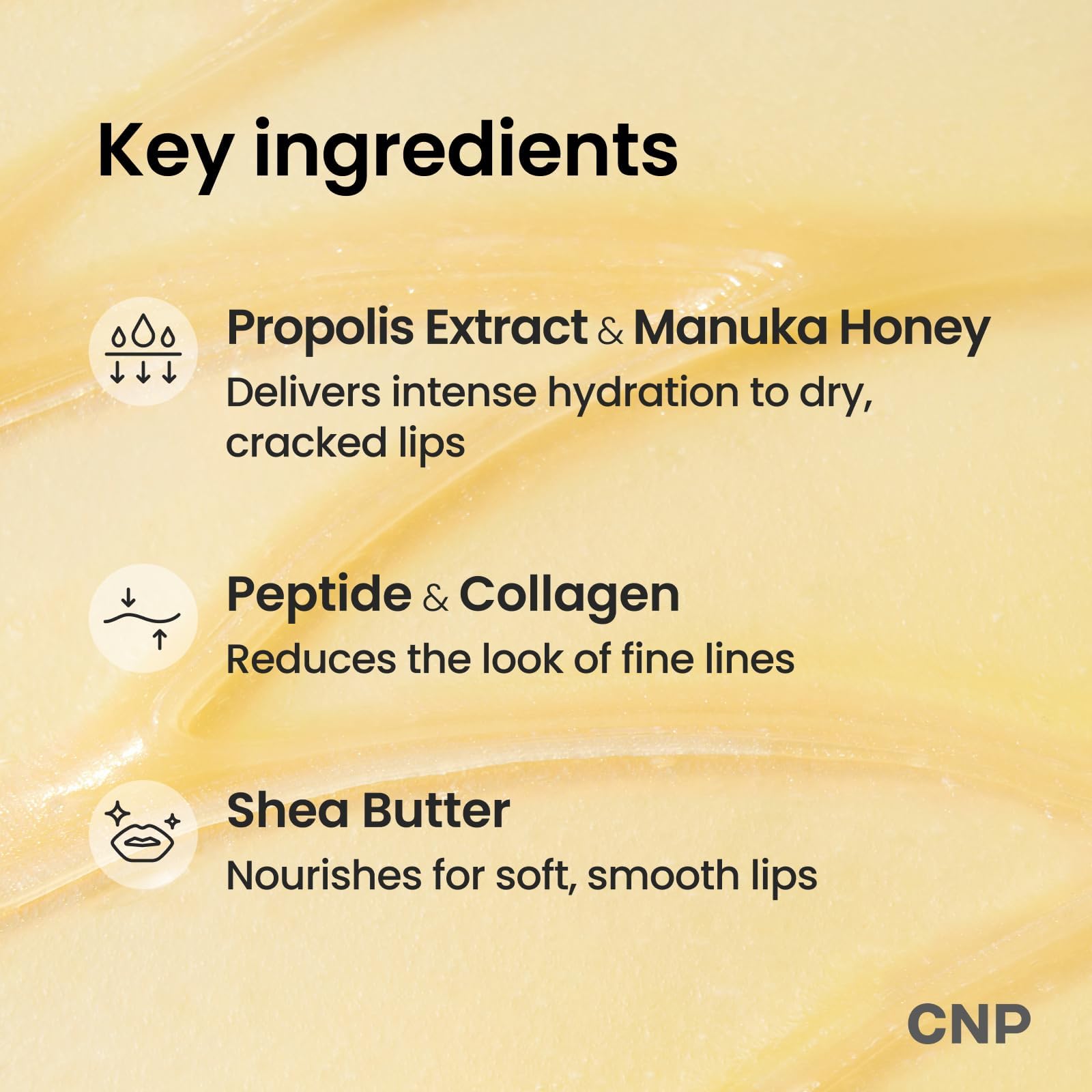 CNP Honey Lip Butter beside a coin to show 0.5 fl.oz. travel size benefit