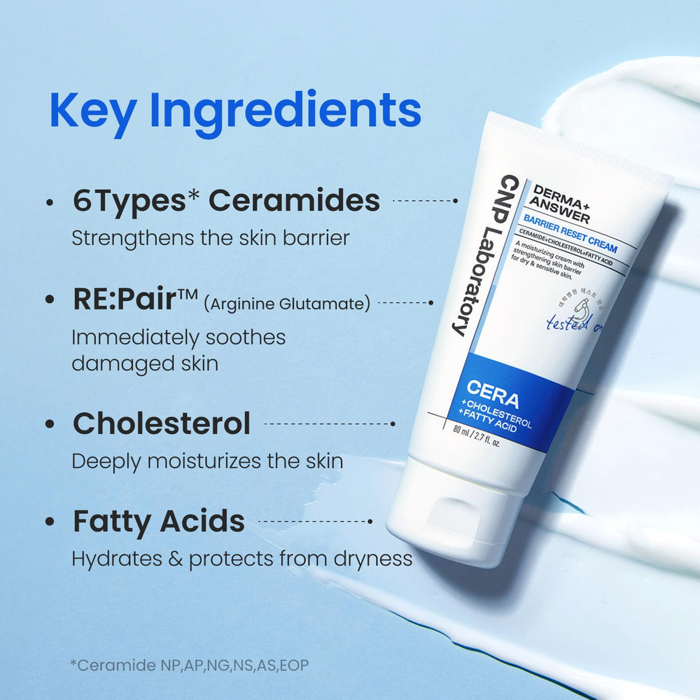 CNP barrier reset cream with ceramide ingredient visuals highlighting barrier support