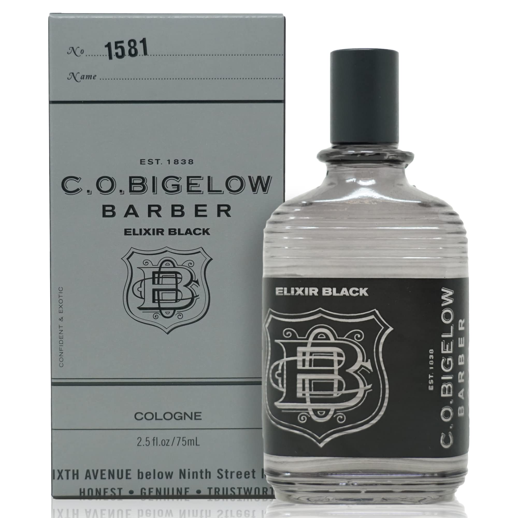 C. O. Bigelow front bottle view highlighting sleek glass and elegant design benefit display