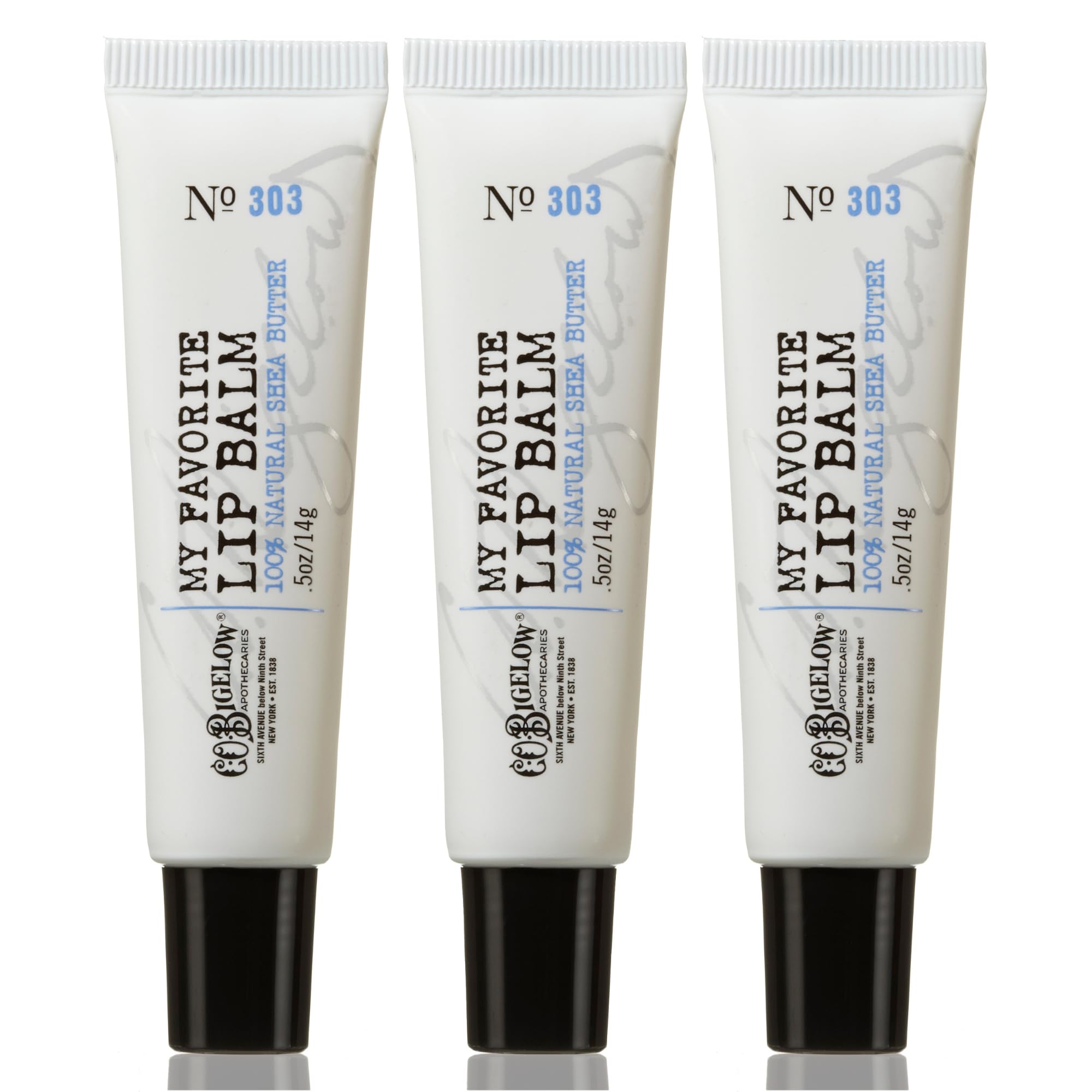 C.O. Bigelow front packaging showing three lip balm tubes and easy hydration