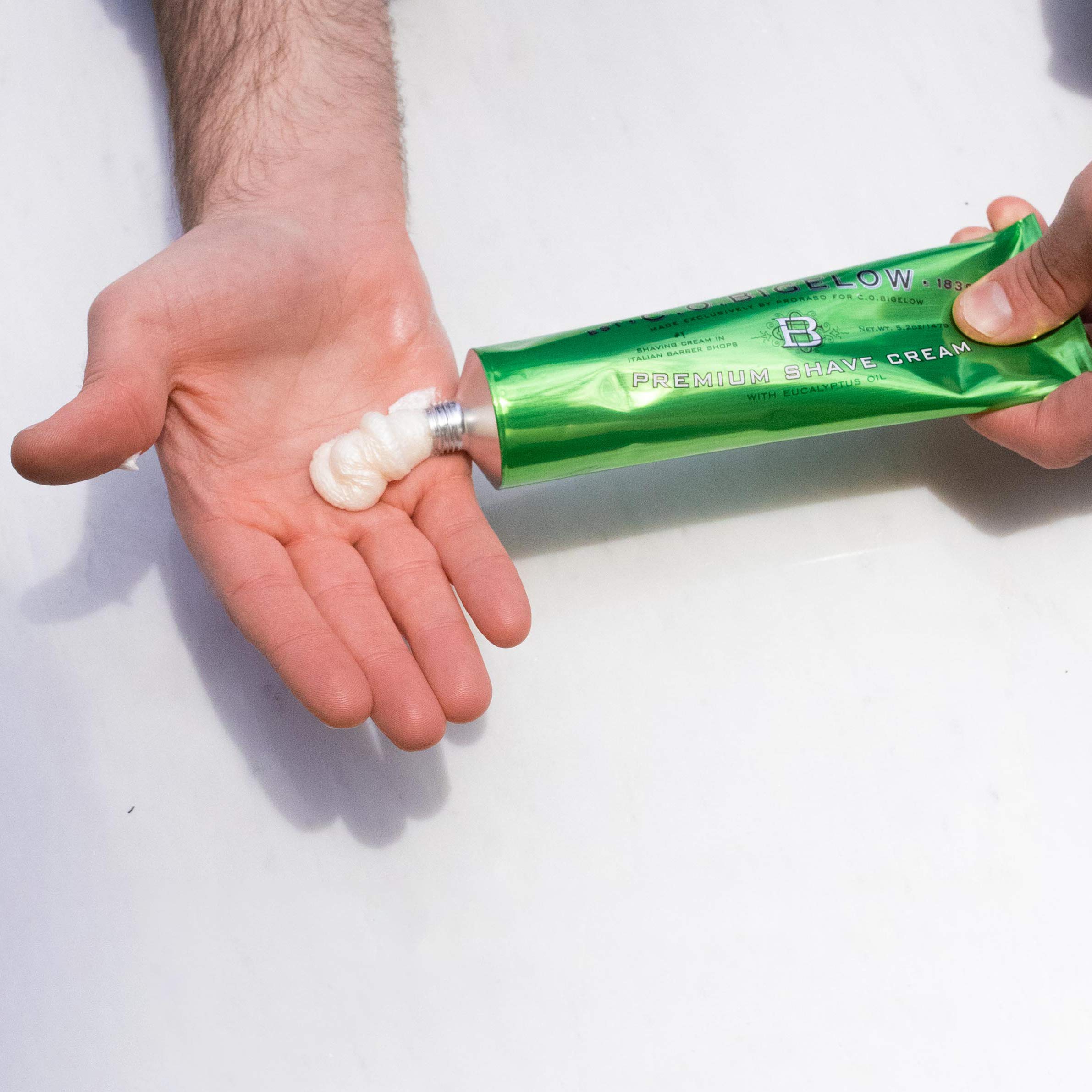 C. O. Bigelow shaving cream in bathroom setting showing practical everyday grooming use