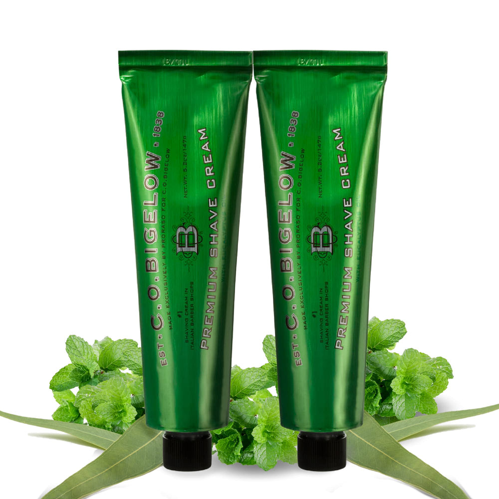 C. O. Bigelow shaving cream open tub with rich lather for smooth shaving