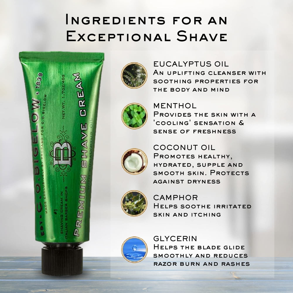 C. O. Bigelow shaving cream whipped with brush for fuller foam and better coverage