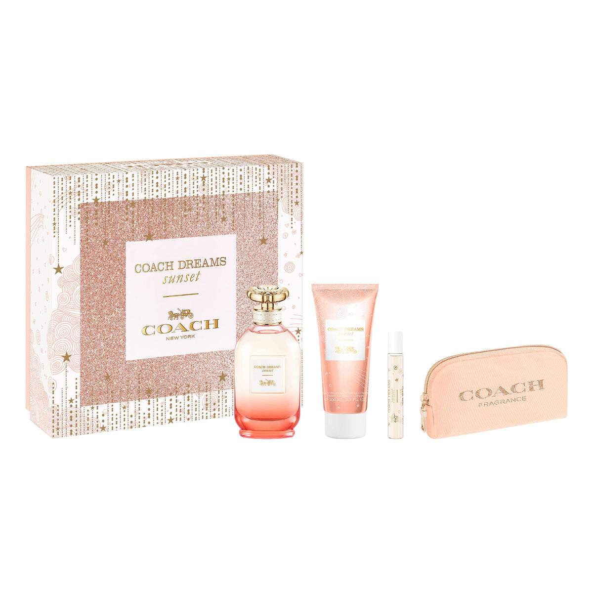Coach Dreams Sunset front packaging showing spray bottle and lotion for gifting convenience