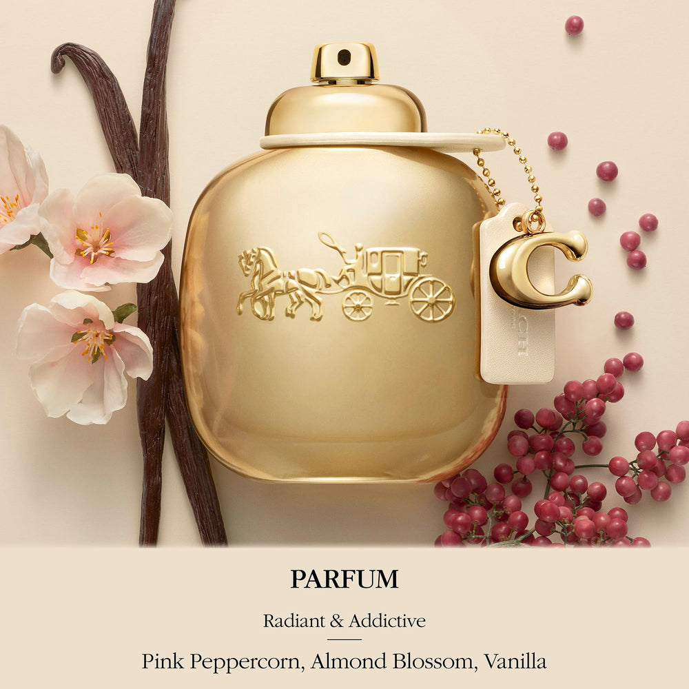 Coach gold nozzle closeup emphasizing fine mist and easy application