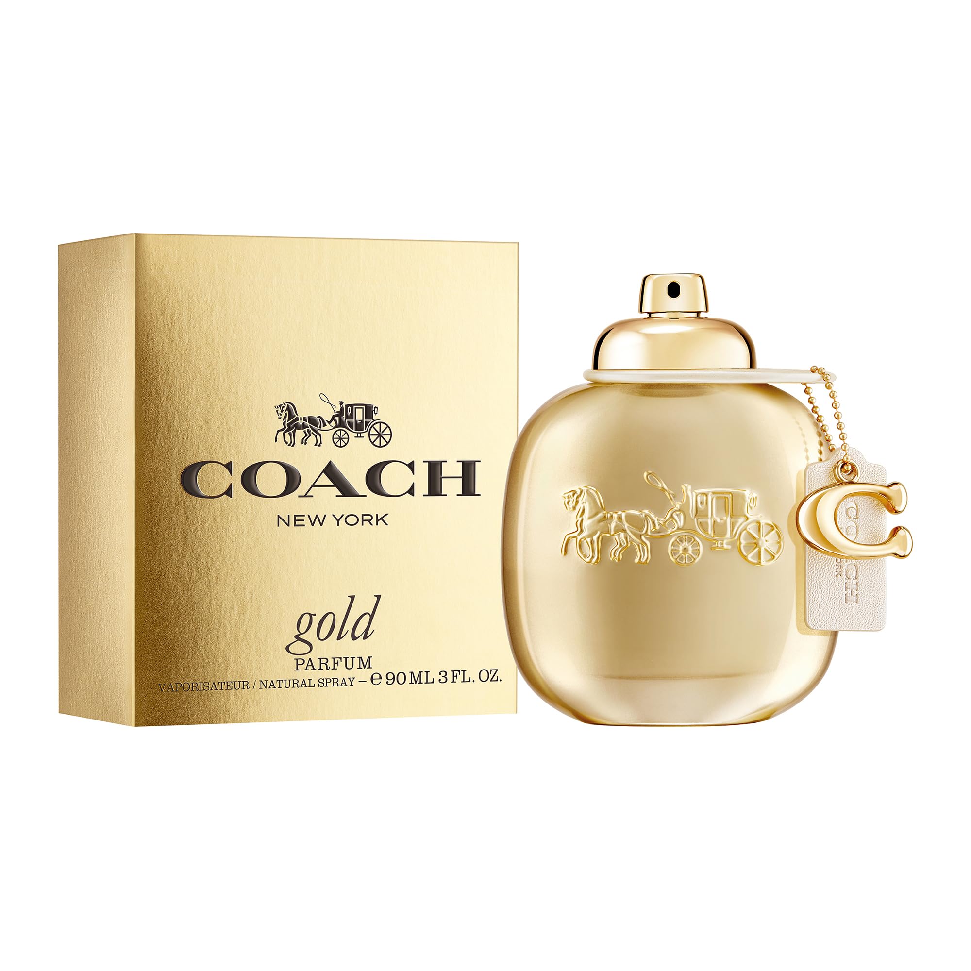 Coach gold packaging label highlighting brand and scent details