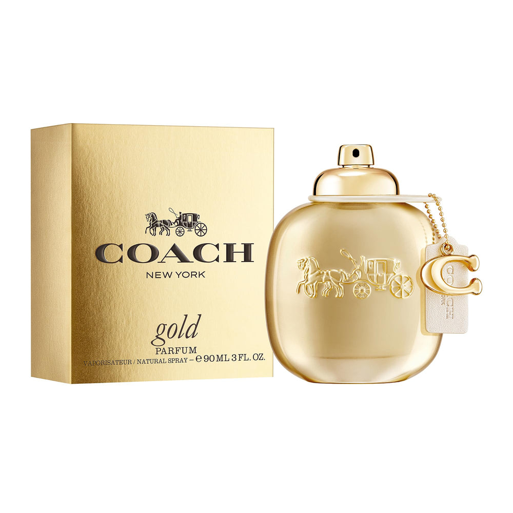 Coach gold packaging label highlighting brand and scent details