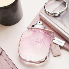 Coach fragrance notes collage showing raspberry, rose, sandalwood benefit