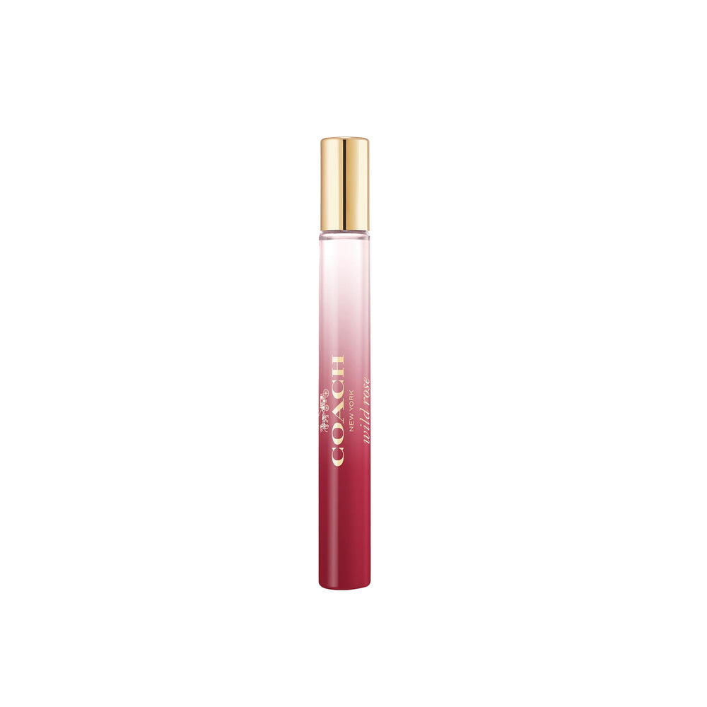 Coach Wild Rose front bottle showing ombré burgundy and hangtag, elegant gift-ready design