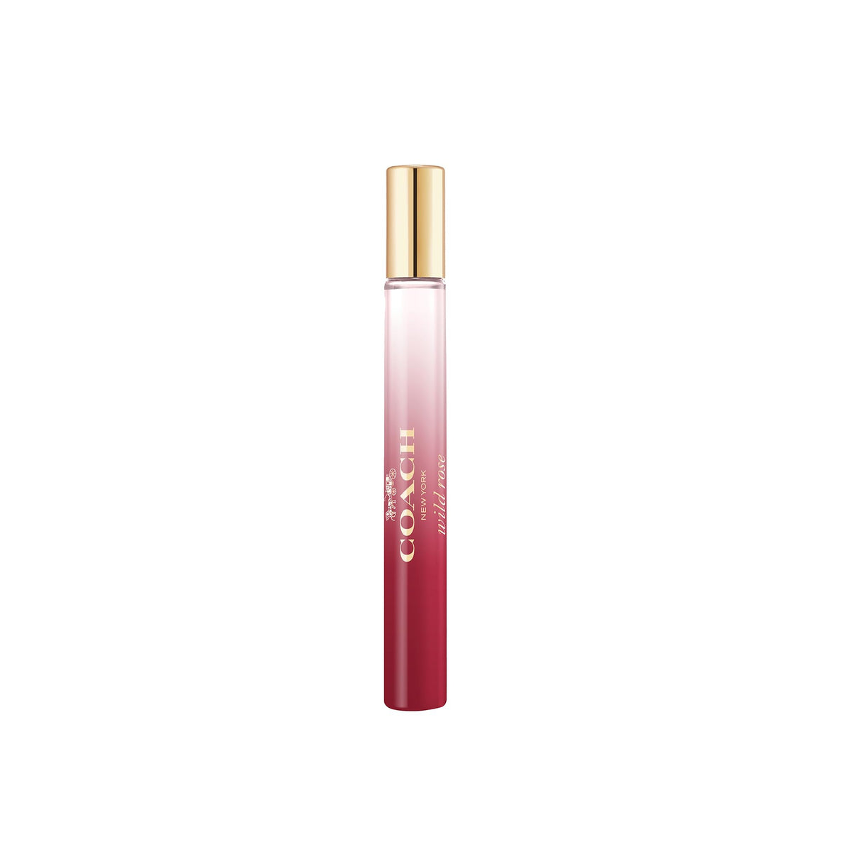 Coach Wild Rose front bottle showing ombré burgundy and hangtag, elegant gift-ready design