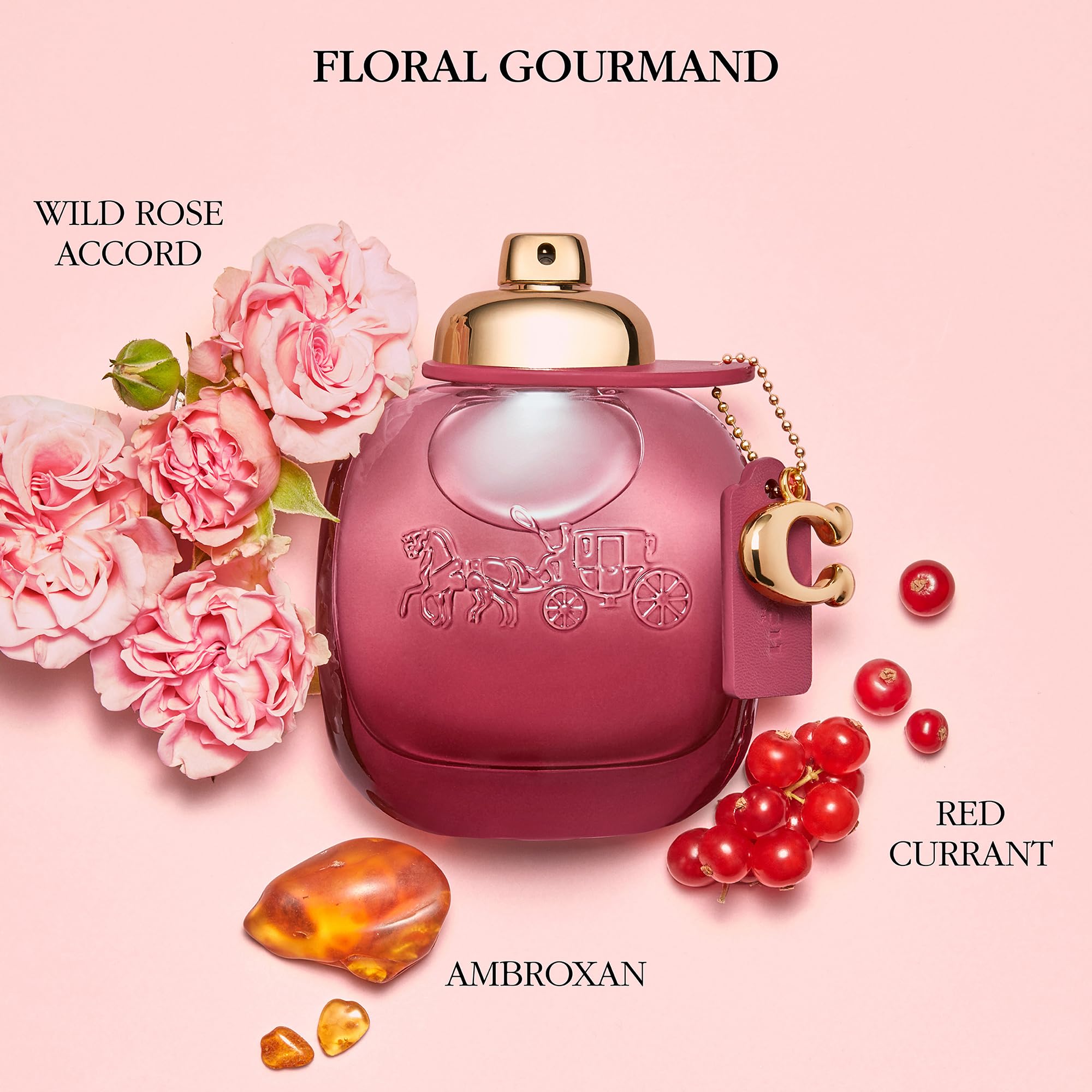Coach Wild Rose close-up of ombré gradient glass and C charm, highlights craftsmanship