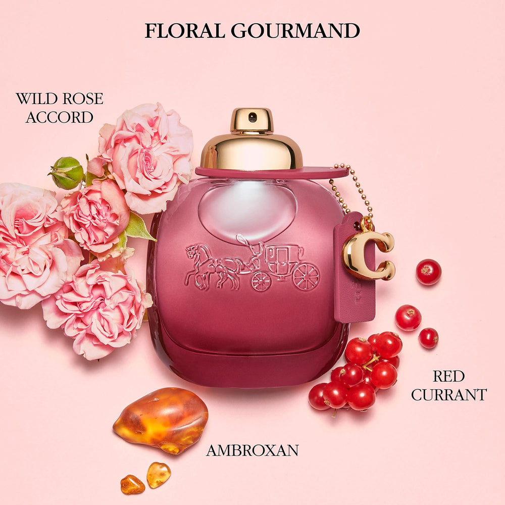 Coach Wild Rose close-up of ombré gradient glass and C charm, highlights craftsmanship