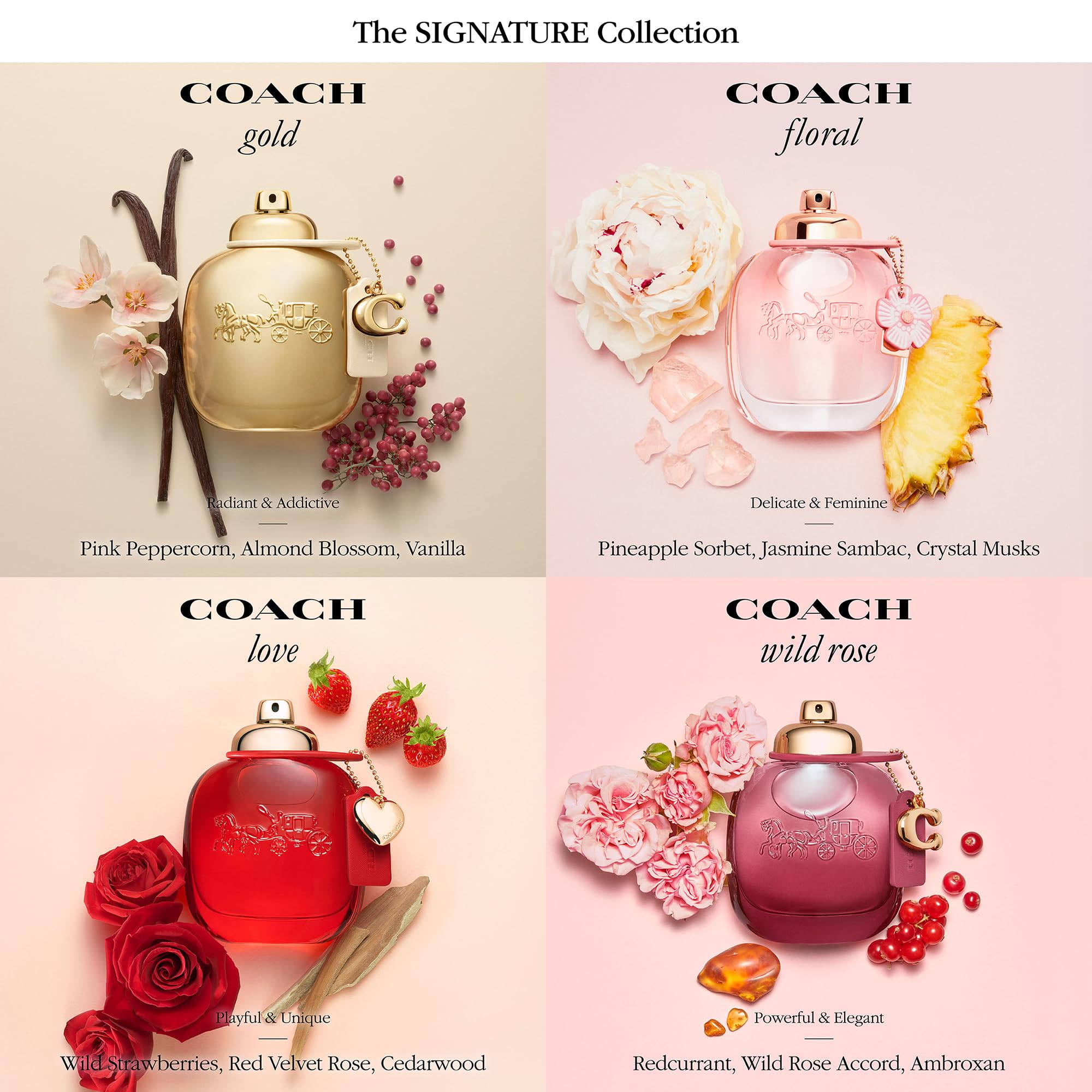 Coach Wild Rose beside a handbag to show scale, compact travel-friendly fragrance